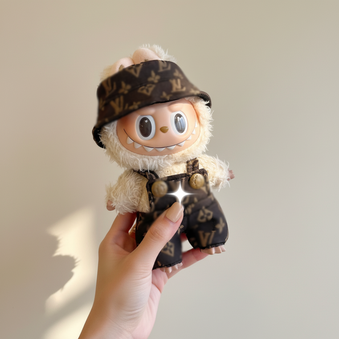 Labubu Dark Monogram Denim Set – Bucket Hat & Overalls