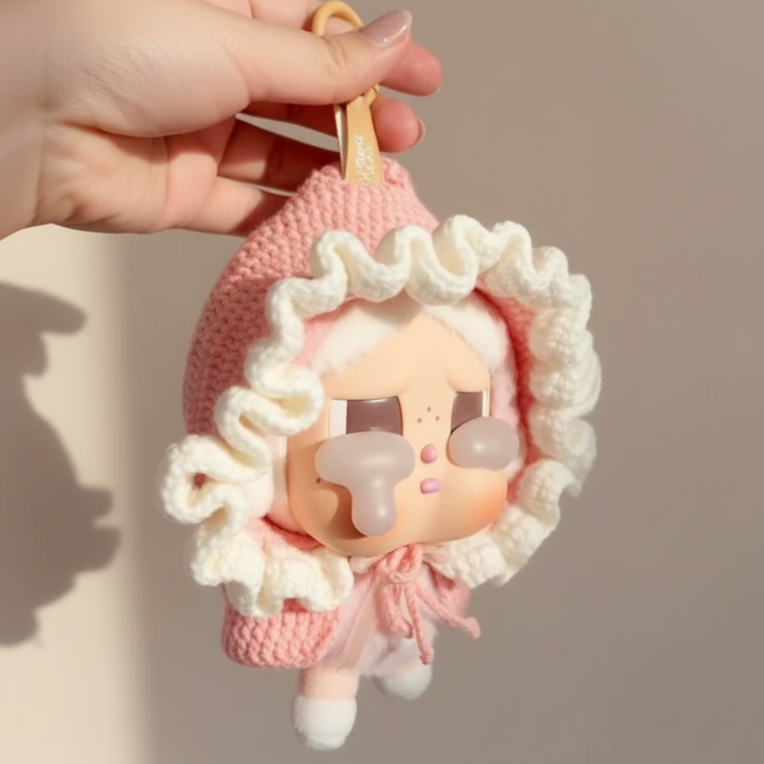 Crybaby Pink Bonnet Crochet Hood Outfit – White Ruffle