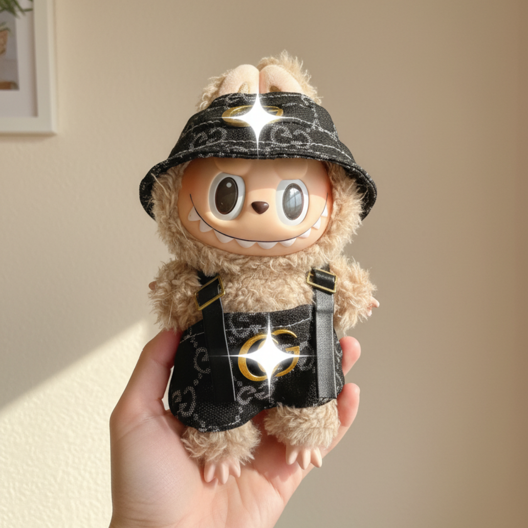 Labubu Noir Crest Monogram Bucket Hat & Overalls