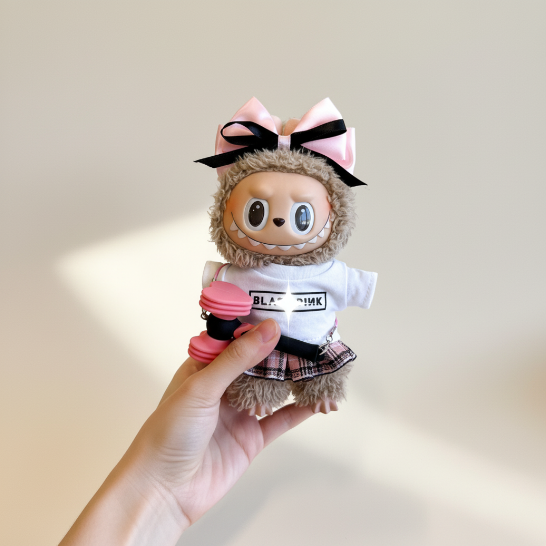 Labubu Idol Vibe Outfit Set – White Top & Pink Plaid (4pc)