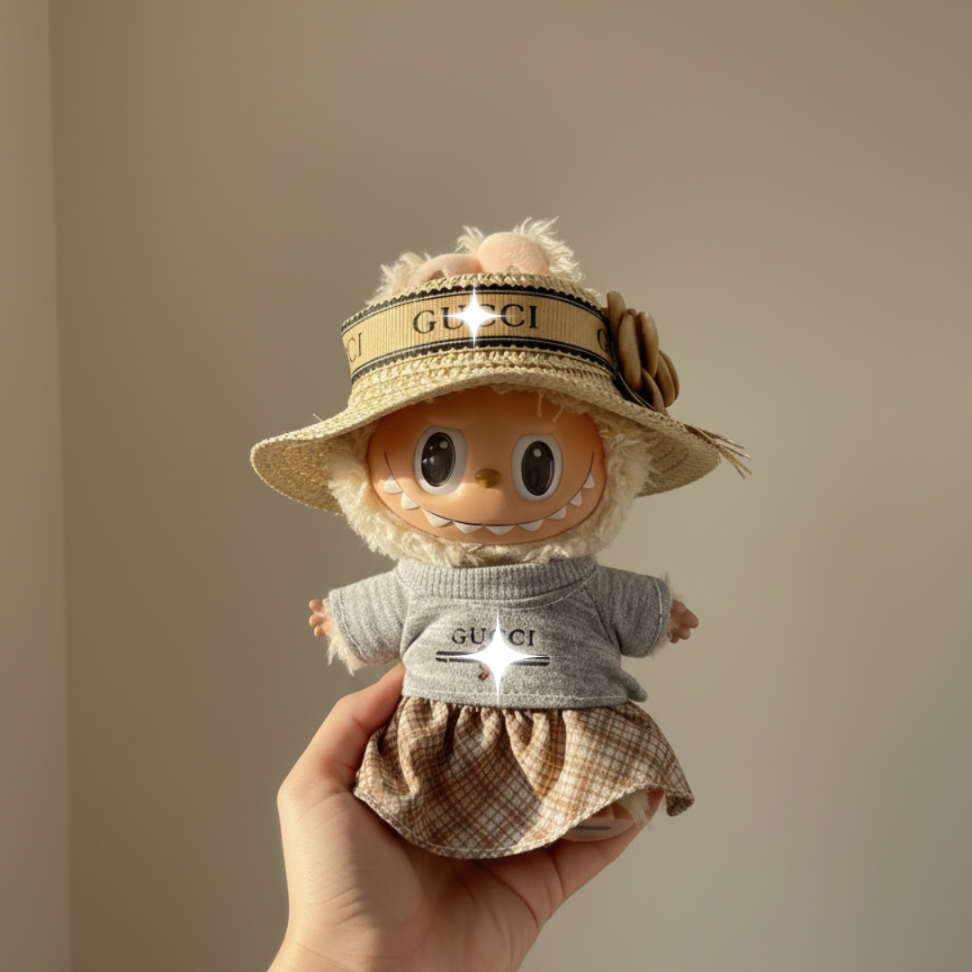 Labubu Resort Plaid Straw Hat Outfit Set