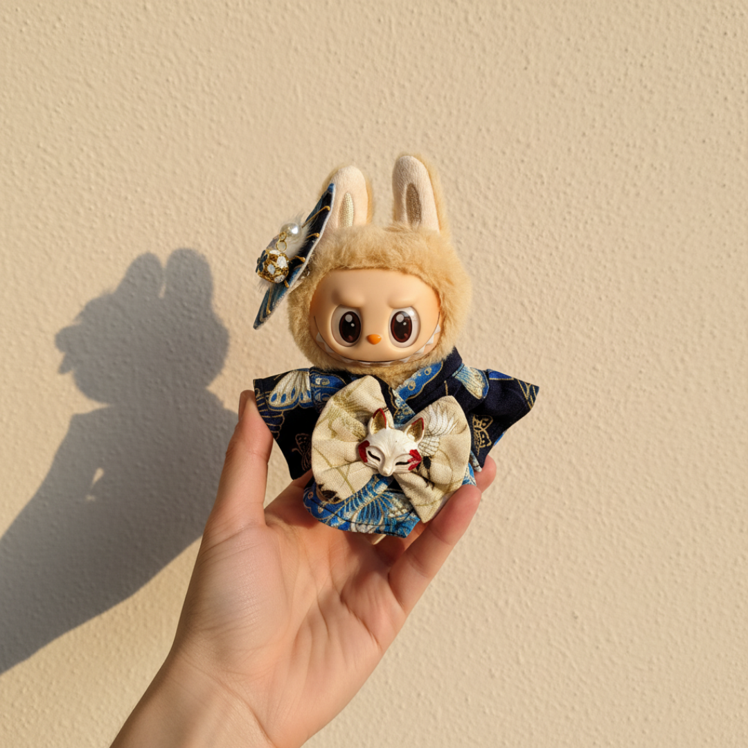 Labubu Blue Crane Kimono & Fox Mask Bow Set